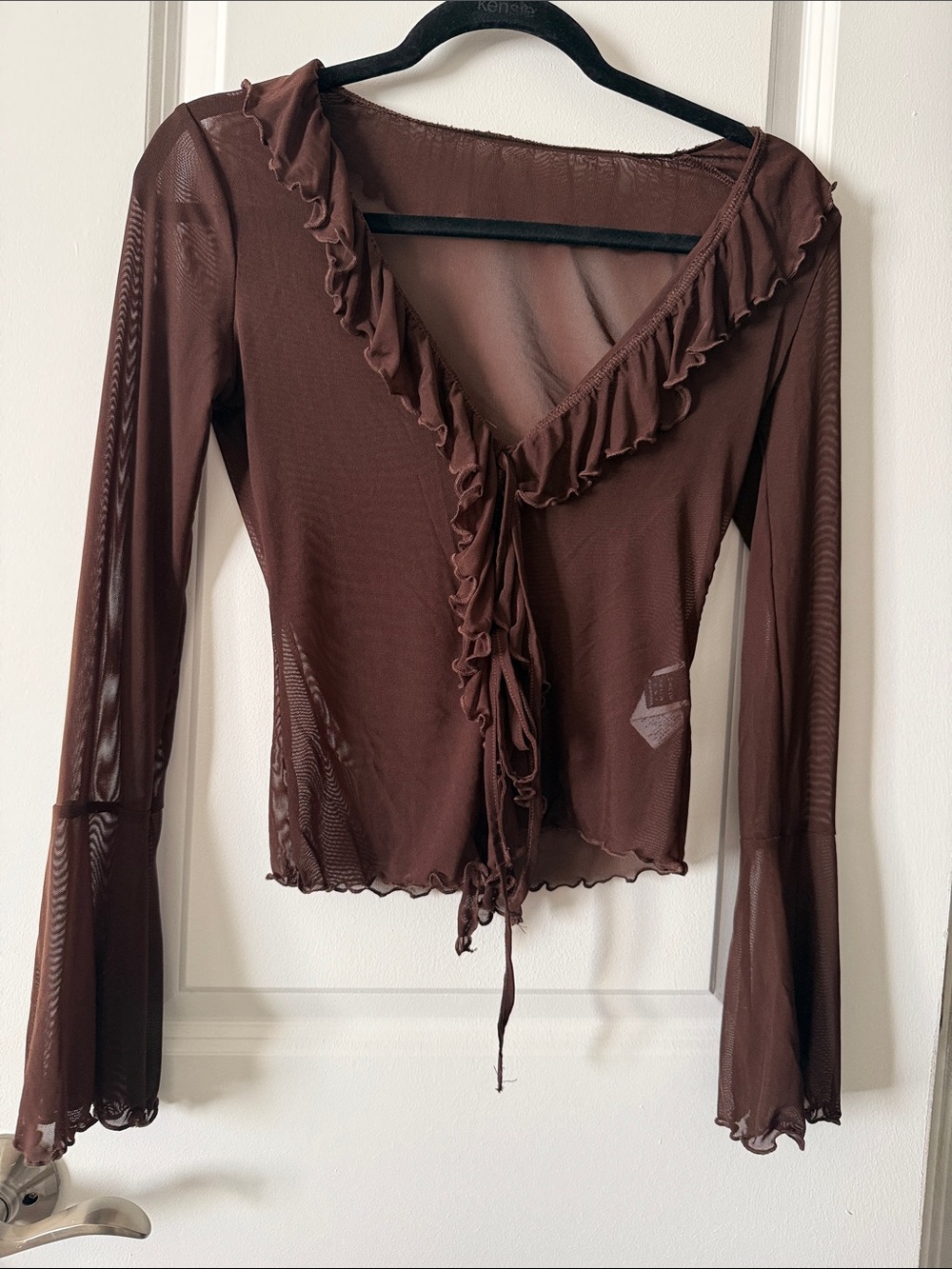 Brown Ruffle Mesh Tie-Front Women's Top